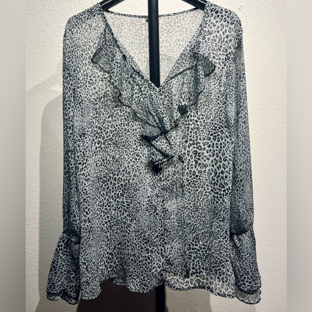 Black & Gray Leopard Print Ruffle V-Neck Sheer Blouse Top - Size 12/14 (Women’s)